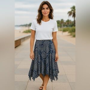 Ralph Lauren 100% Silk Maxi Skirt Women 18W  Blue Lined Nautical Old Money Boho